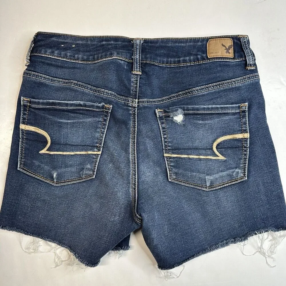 American Eagle Shorts Hi-Rise Shortie 8 Super Stretch Denim Blue Jean Distress